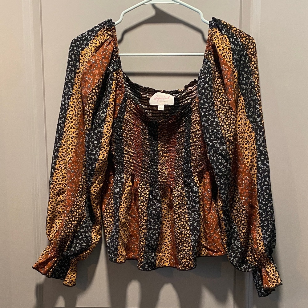 Sugarfox Boho Smocked Peasant Top L Cottagecore Off Shoulder Blouse